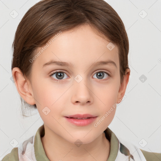 Joyful white child female with short  brown hair and brown eyes