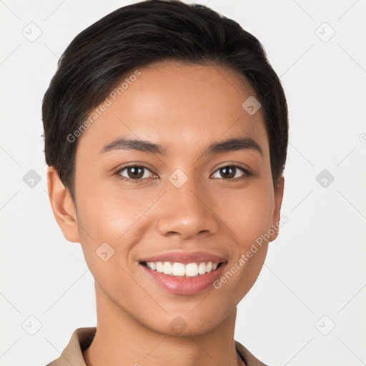 Joyful white young-adult female with short  brown hair and brown eyes