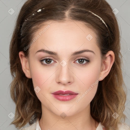 Neutral white young-adult female with medium  brown hair and brown eyes