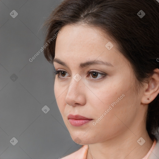 Neutral white young-adult female with medium  brown hair and brown eyes