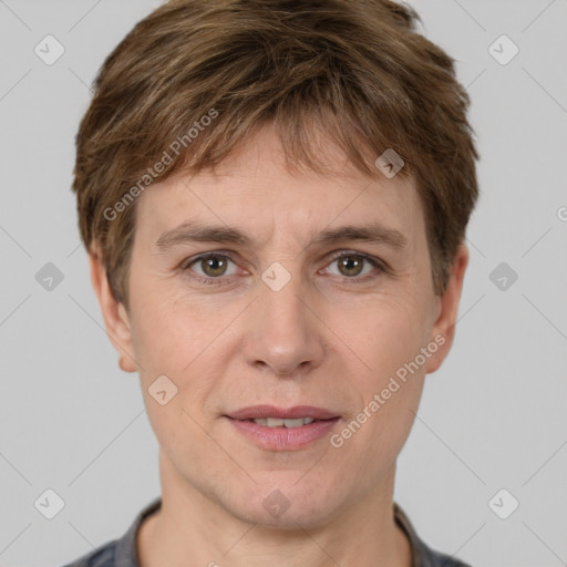 Joyful white adult male with short  brown hair and grey eyes