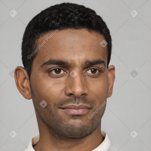 Neutral black young-adult male with short  black hair and brown eyes