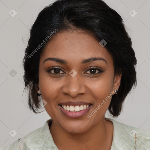 Joyful black young-adult female with medium  black hair and brown eyes