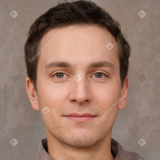 Neutral white young-adult male with short  brown hair and brown eyes