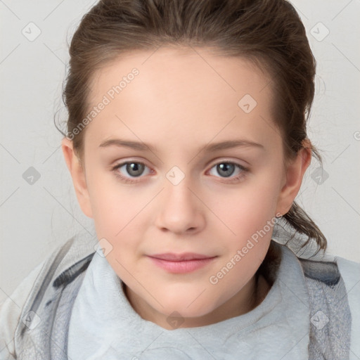 Joyful white child female with medium  brown hair and grey eyes