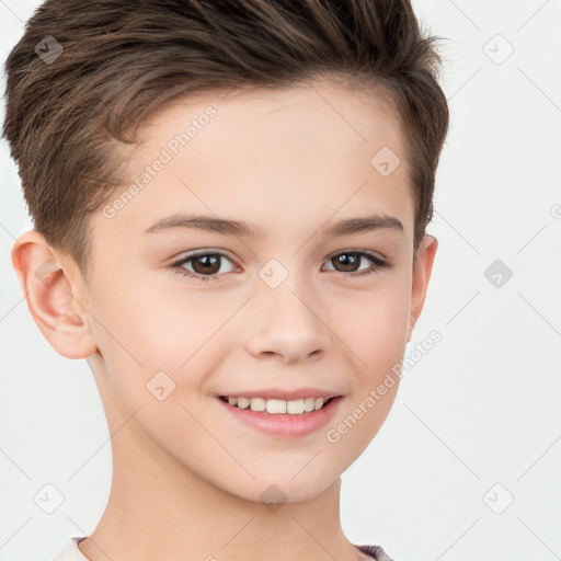 Joyful white child female with short  brown hair and brown eyes