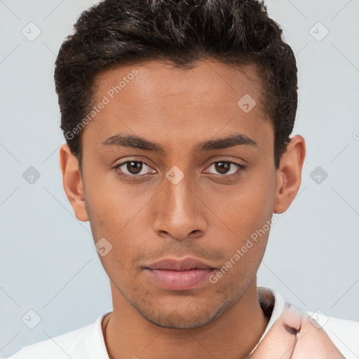 Neutral white young-adult male with short  brown hair and brown eyes