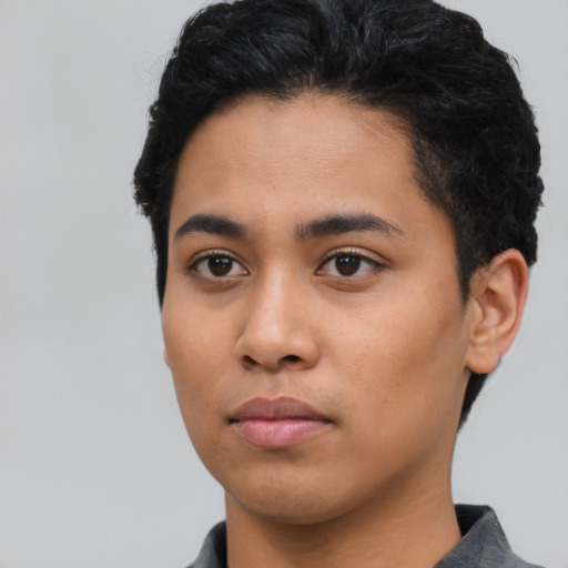 Neutral latino young-adult female with short  black hair and brown eyes