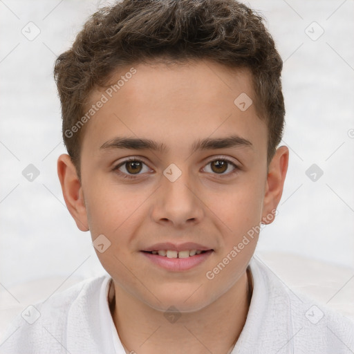 Joyful white child male with short  brown hair and brown eyes