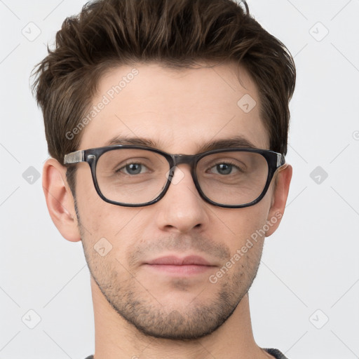 Neutral white young-adult male with short  brown hair and grey eyes