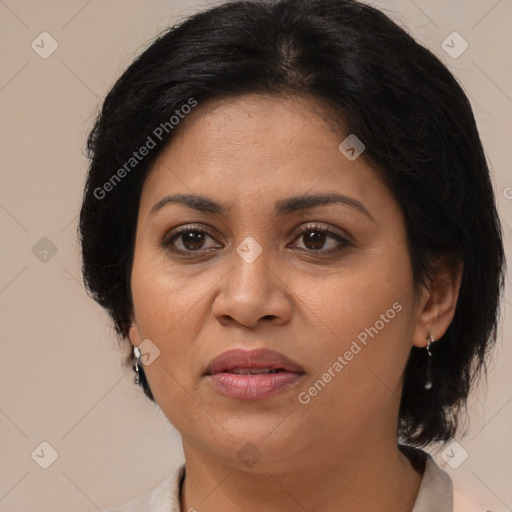 Joyful latino adult female with medium  brown hair and brown eyes