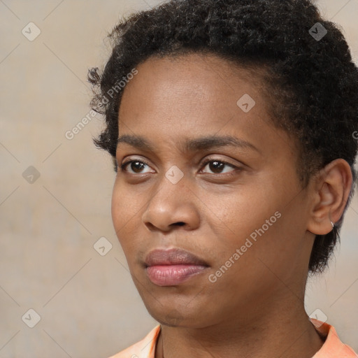 Neutral black young-adult female with short  black hair and brown eyes