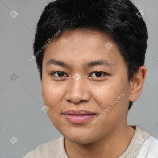 Joyful asian young-adult male with short  brown hair and brown eyes