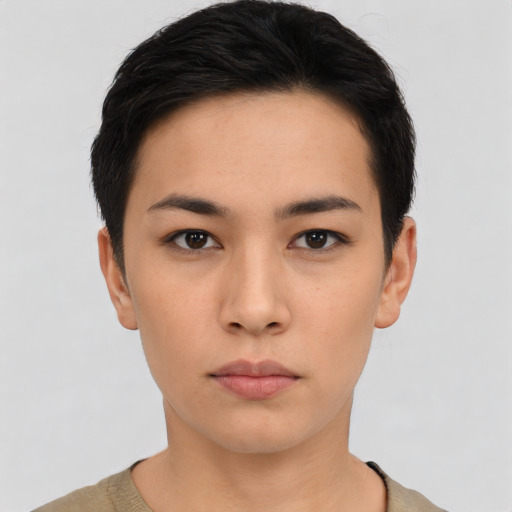 Neutral asian young-adult female with short  black hair and brown eyes