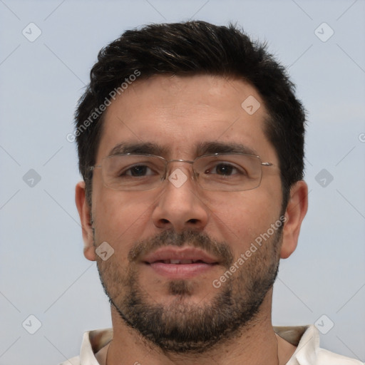 Neutral white adult male with short  brown hair and brown eyes