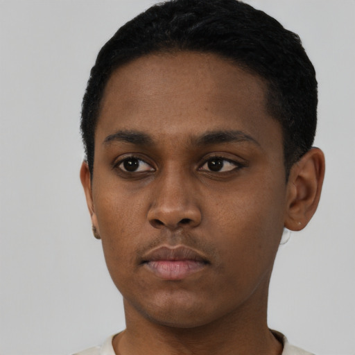 Neutral black young-adult male with short  black hair and brown eyes