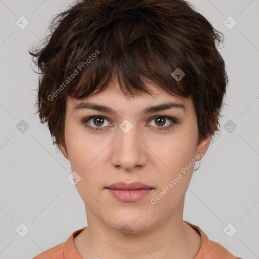 Neutral white young-adult female with short  brown hair and brown eyes