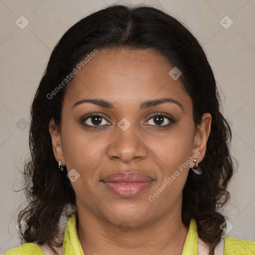 Joyful black young-adult female with medium  brown hair and brown eyes