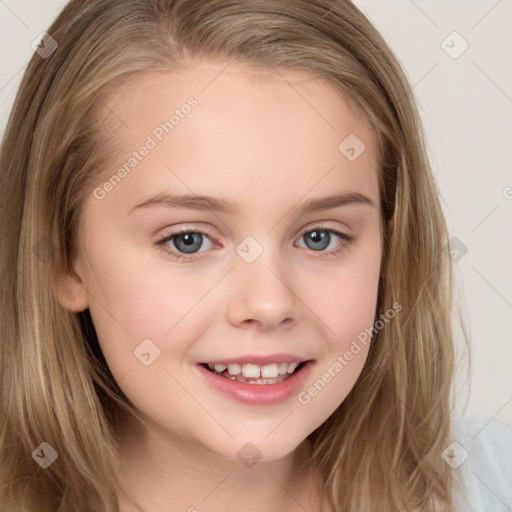 Joyful white child female with long  brown hair and brown eyes