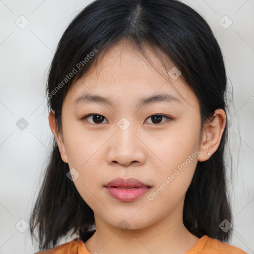 Neutral asian young-adult female with medium  brown hair and brown eyes