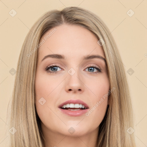 Joyful white young-adult female with long  brown hair and grey eyes