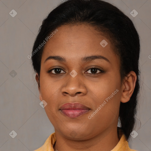 Joyful black young-adult female with medium  brown hair and brown eyes