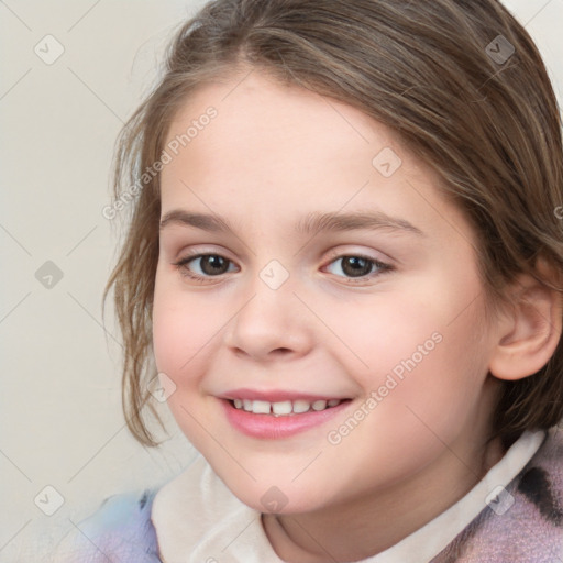 Joyful white child female with medium  brown hair and brown eyes