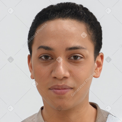 Joyful latino young-adult female with short  brown hair and brown eyes