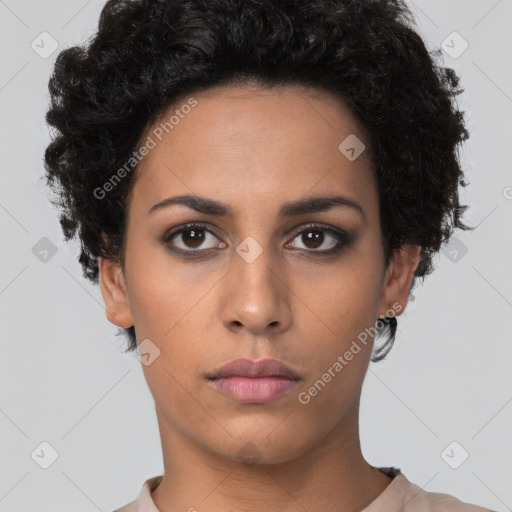 Neutral latino young-adult female with short  black hair and brown eyes