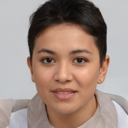 Joyful asian young-adult female with short  brown hair and brown eyes