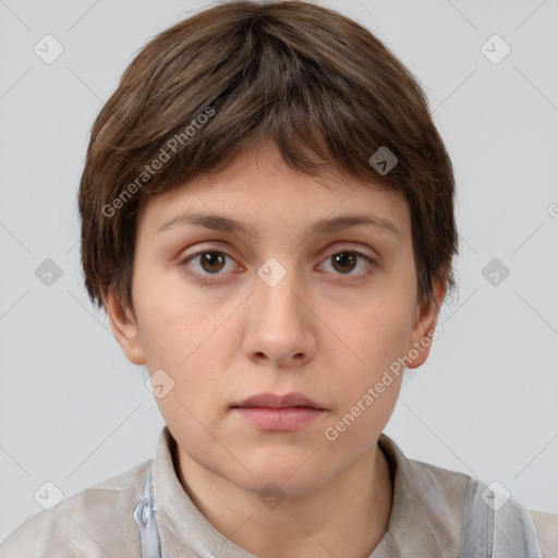 Neutral white young-adult female with short  brown hair and brown eyes