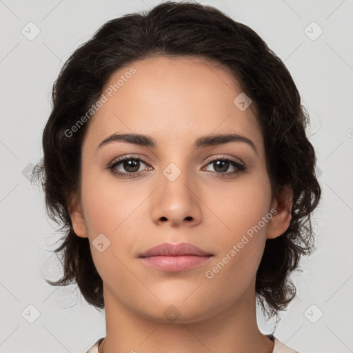 Neutral white young-adult female with medium  brown hair and brown eyes