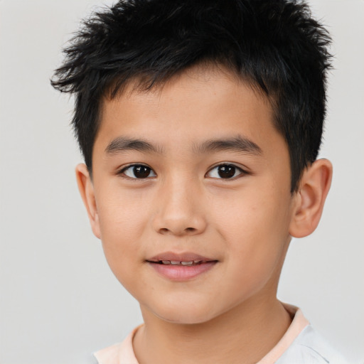 Joyful asian child male with short  brown hair and brown eyes