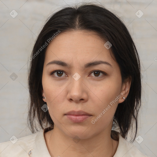 Neutral white adult female with medium  brown hair and brown eyes