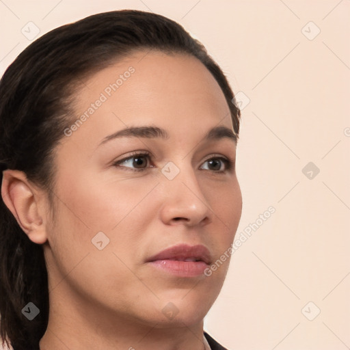 Neutral white young-adult female with short  brown hair and brown eyes