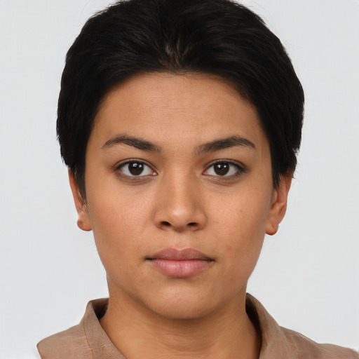 Neutral asian young-adult female with short  brown hair and brown eyes