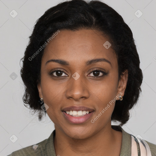 Joyful black young-adult female with medium  black hair and brown eyes