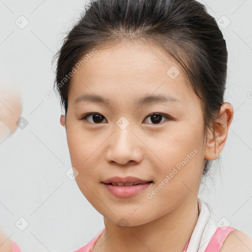 Joyful white child female with medium  brown hair and brown eyes