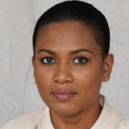 Joyful black young-adult female with short  brown hair and brown eyes