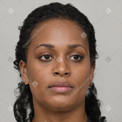 Neutral black young-adult female with long  brown hair and brown eyes