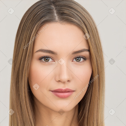 Neutral white young-adult female with long  brown hair and brown eyes