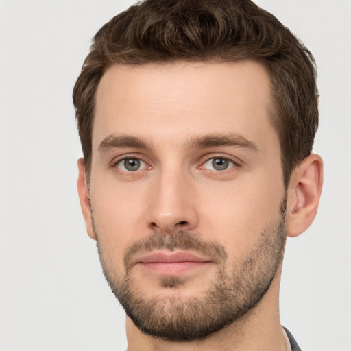 Joyful white young-adult male with short  brown hair and grey eyes