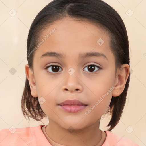 Joyful white child female with medium  brown hair and brown eyes