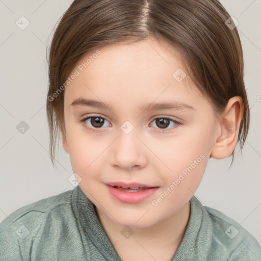 Joyful white child female with medium  brown hair and brown eyes