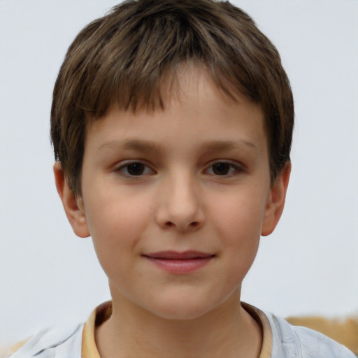 Joyful white child female with short  brown hair and brown eyes