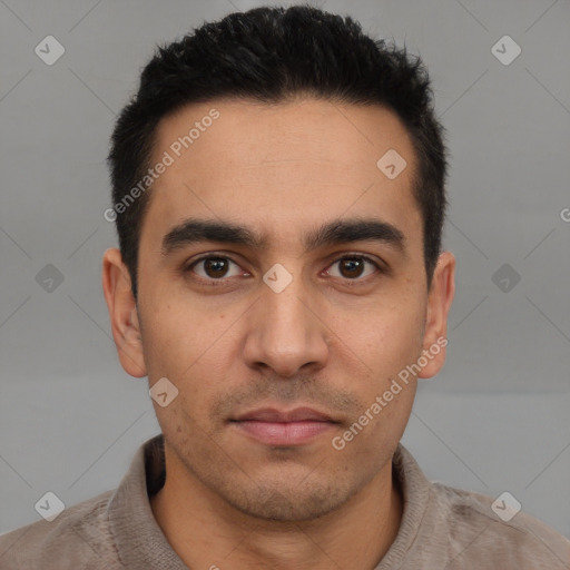 Neutral latino young-adult male with short  black hair and brown eyes