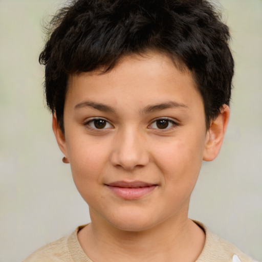 Joyful white child female with short  brown hair and brown eyes