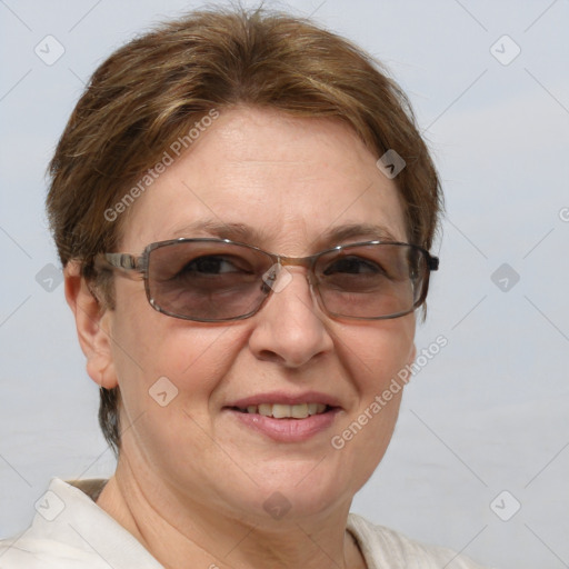 Joyful white adult female with short  brown hair and brown eyes