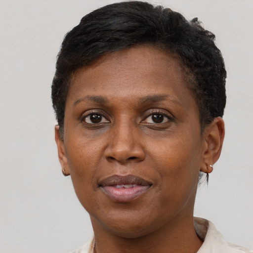 Joyful black adult female with short  brown hair and brown eyes