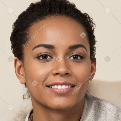 Joyful latino young-adult female with short  brown hair and brown eyes